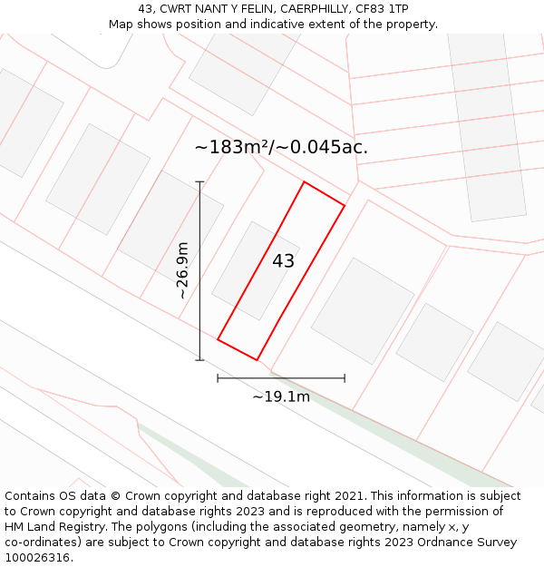 43, CWRT NANT Y FELIN, CAERPHILLY, CF83 1TP: Plot and title map