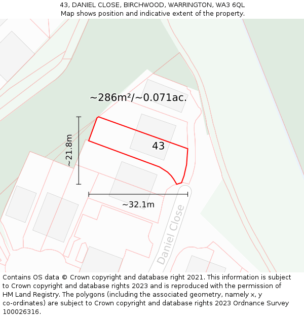 43, DANIEL CLOSE, BIRCHWOOD, WARRINGTON, WA3 6QL: Plot and title map