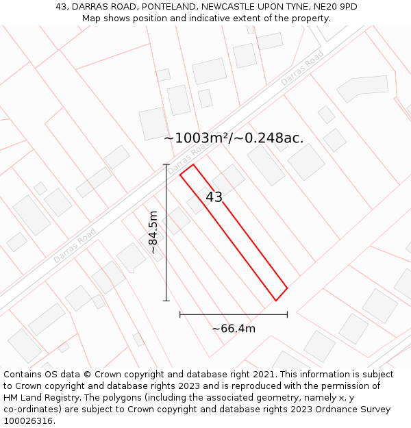 43, DARRAS ROAD, PONTELAND, NEWCASTLE UPON TYNE, NE20 9PD: Plot and title map