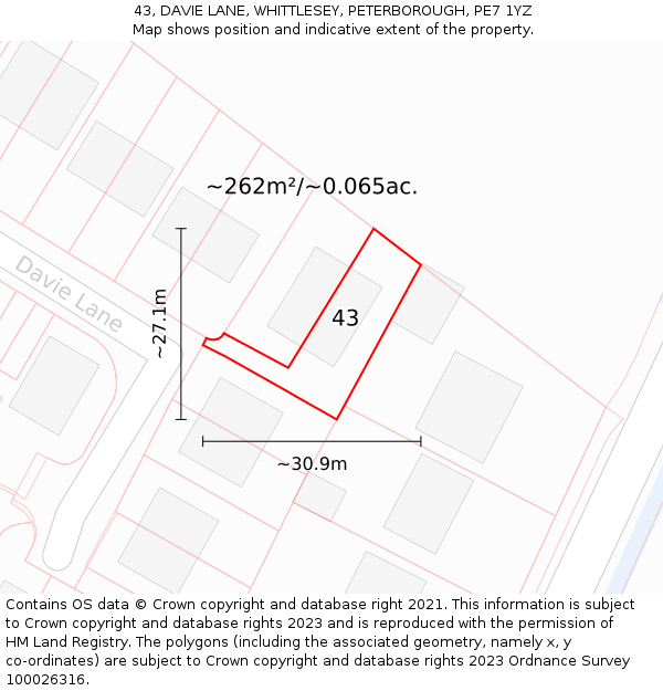 43, DAVIE LANE, WHITTLESEY, PETERBOROUGH, PE7 1YZ: Plot and title map