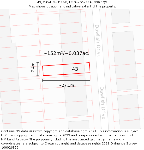 43, DAWLISH DRIVE, LEIGH-ON-SEA, SS9 1QX: Plot and title map