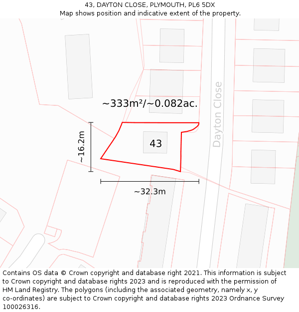 43, DAYTON CLOSE, PLYMOUTH, PL6 5DX: Plot and title map