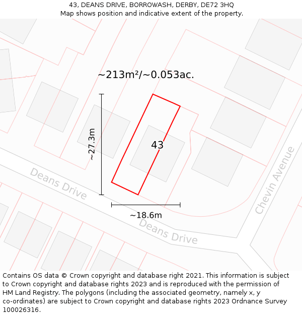 43, DEANS DRIVE, BORROWASH, DERBY, DE72 3HQ: Plot and title map