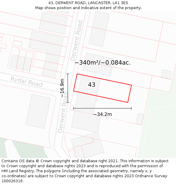 43, DERWENT ROAD, LANCASTER, LA1 3ES: Plot and title map