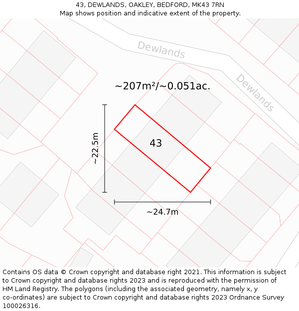 43, DEWLANDS, OAKLEY, BEDFORD, MK43 7RN: Plot and title map