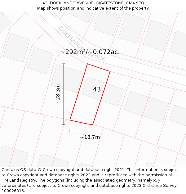 43, DOCKLANDS AVENUE, INGATESTONE, CM4 9EQ: Plot and title map