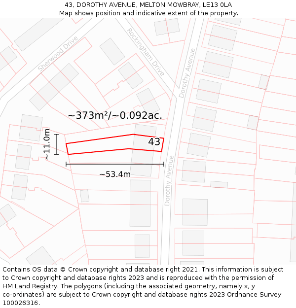 43, DOROTHY AVENUE, MELTON MOWBRAY, LE13 0LA: Plot and title map