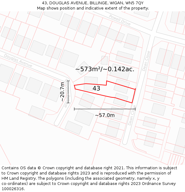 43, DOUGLAS AVENUE, BILLINGE, WIGAN, WN5 7QY: Plot and title map