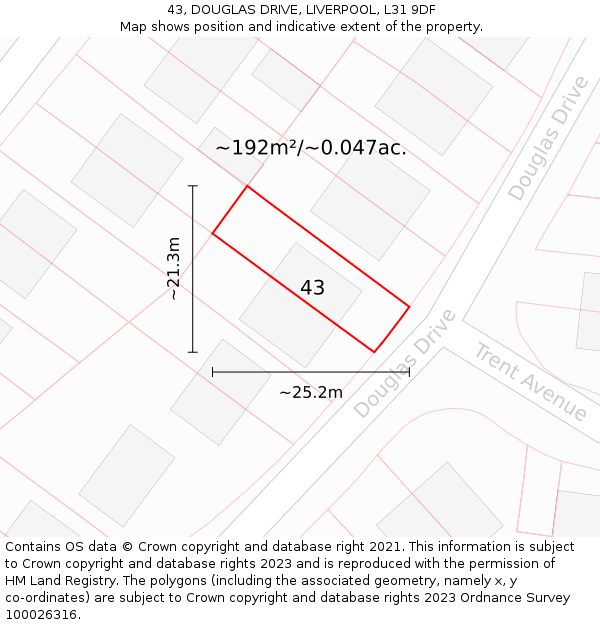 43, DOUGLAS DRIVE, LIVERPOOL, L31 9DF: Plot and title map