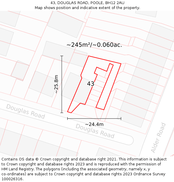 43, DOUGLAS ROAD, POOLE, BH12 2AU: Plot and title map