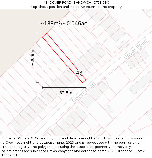 43, DOVER ROAD, SANDWICH, CT13 0BX: Plot and title map