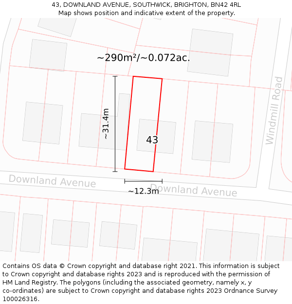 43, DOWNLAND AVENUE, SOUTHWICK, BRIGHTON, BN42 4RL: Plot and title map