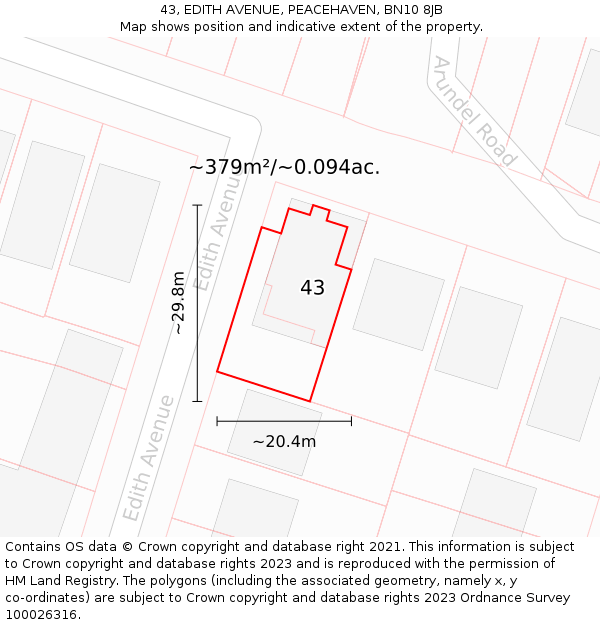 43, EDITH AVENUE, PEACEHAVEN, BN10 8JB: Plot and title map