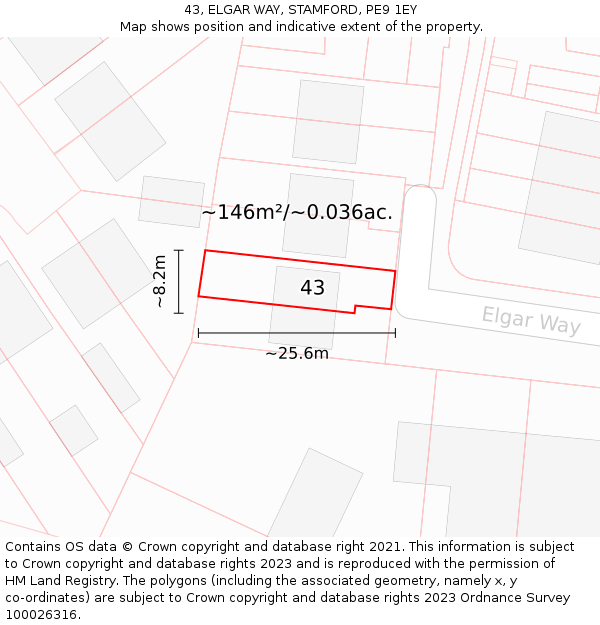 43, ELGAR WAY, STAMFORD, PE9 1EY: Plot and title map