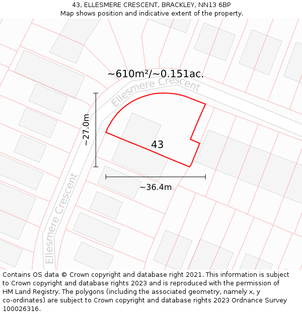 43, ELLESMERE CRESCENT, BRACKLEY, NN13 6BP: Plot and title map