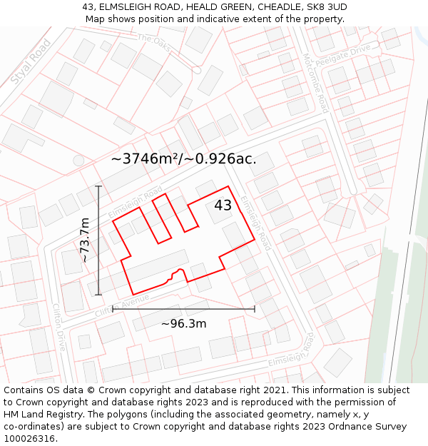 43, ELMSLEIGH ROAD, HEALD GREEN, CHEADLE, SK8 3UD: Plot and title map