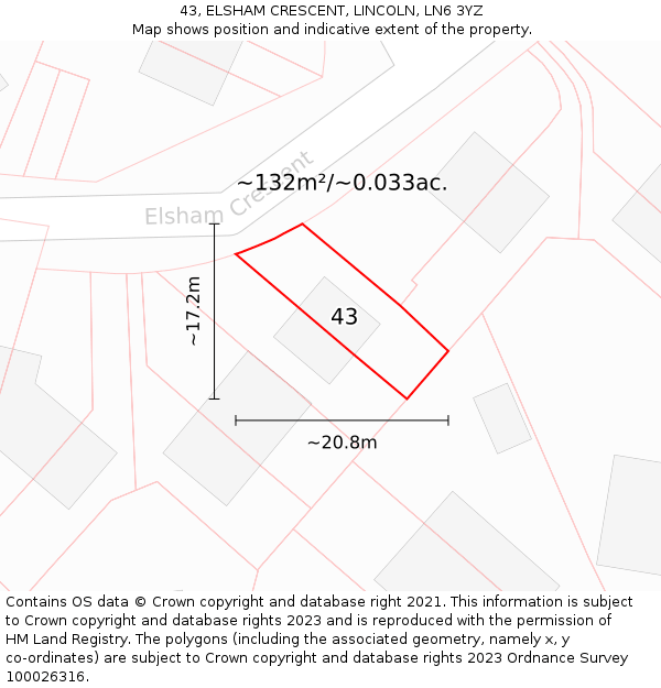 43, ELSHAM CRESCENT, LINCOLN, LN6 3YZ: Plot and title map