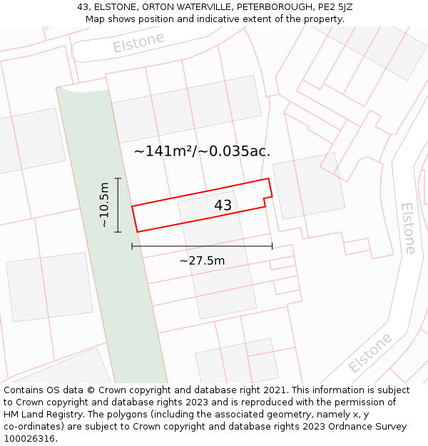 43, ELSTONE, ORTON WATERVILLE, PETERBOROUGH, PE2 5JZ: Plot and title map