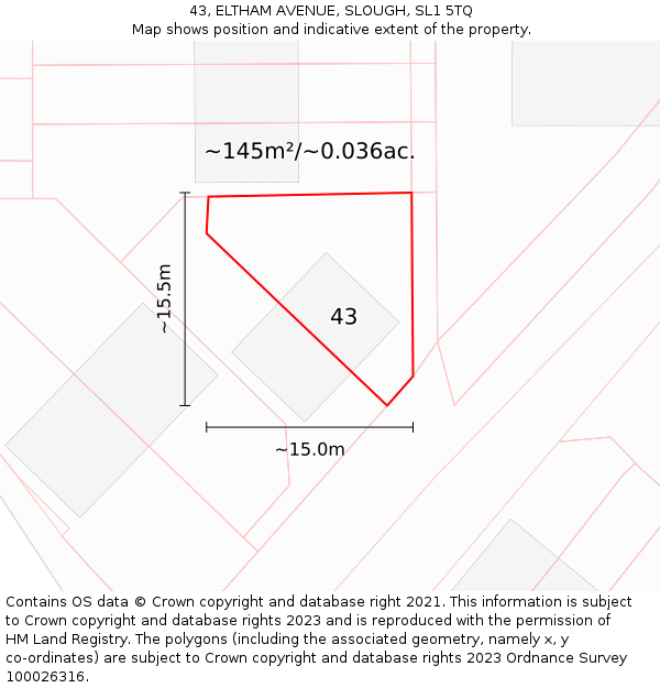 43, ELTHAM AVENUE, SLOUGH, SL1 5TQ: Plot and title map
