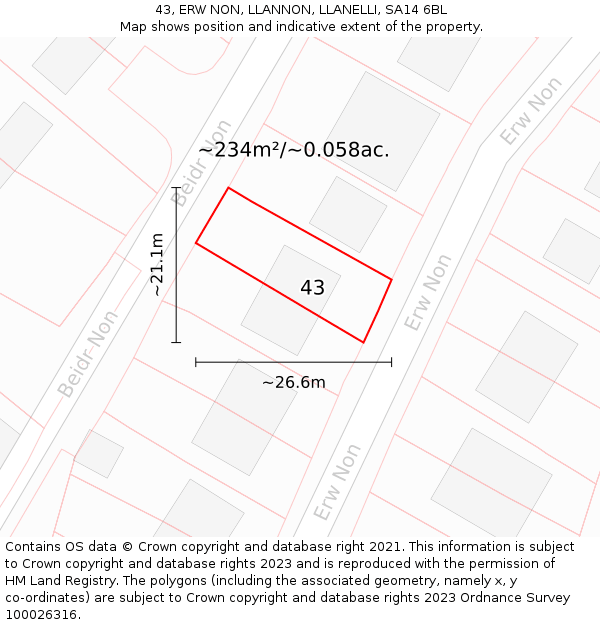 43, ERW NON, LLANNON, LLANELLI, SA14 6BL: Plot and title map