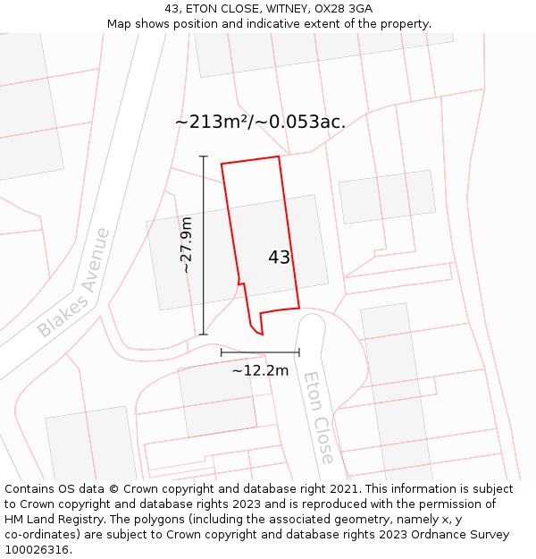 43, ETON CLOSE, WITNEY, OX28 3GA: Plot and title map