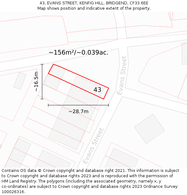 43, EVANS STREET, KENFIG HILL, BRIDGEND, CF33 6EE: Plot and title map