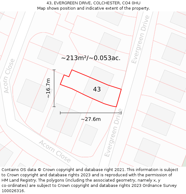 43, EVERGREEN DRIVE, COLCHESTER, CO4 0HU: Plot and title map
