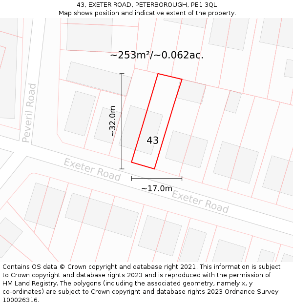 43, EXETER ROAD, PETERBOROUGH, PE1 3QL: Plot and title map