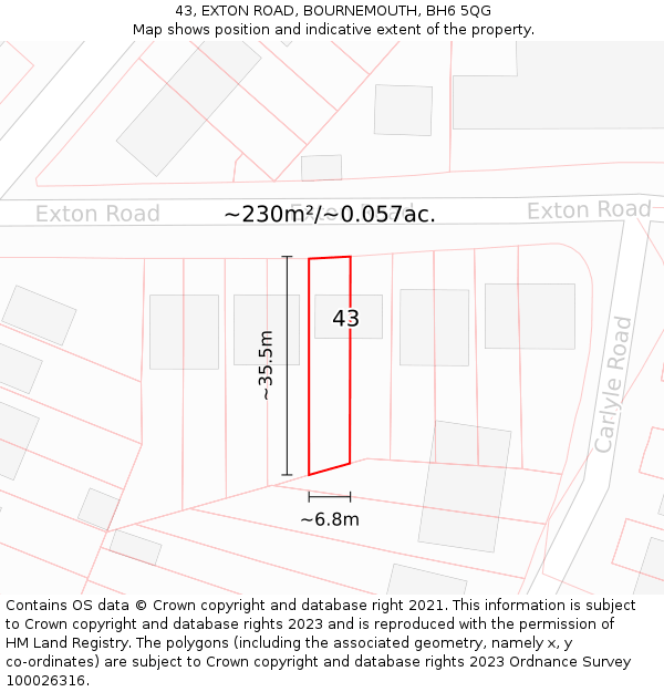 43, EXTON ROAD, BOURNEMOUTH, BH6 5QG: Plot and title map