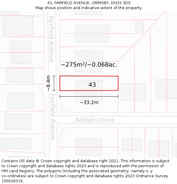 43, FAIRFIELD AVENUE, GRIMSBY, DN33 3DS: Plot and title map