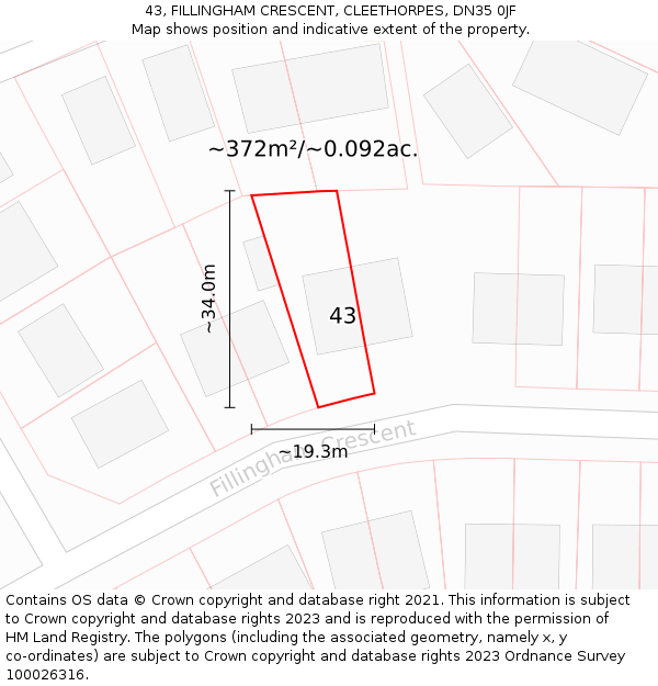 43, FILLINGHAM CRESCENT, CLEETHORPES, DN35 0JF: Plot and title map