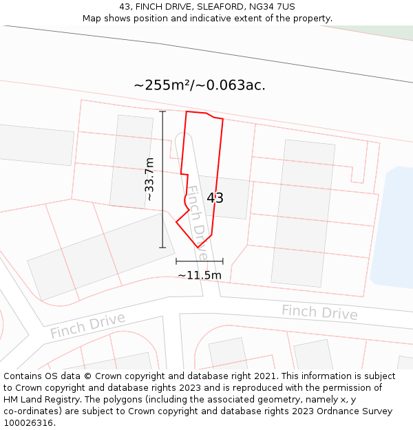 43, FINCH DRIVE, SLEAFORD, NG34 7US: Plot and title map