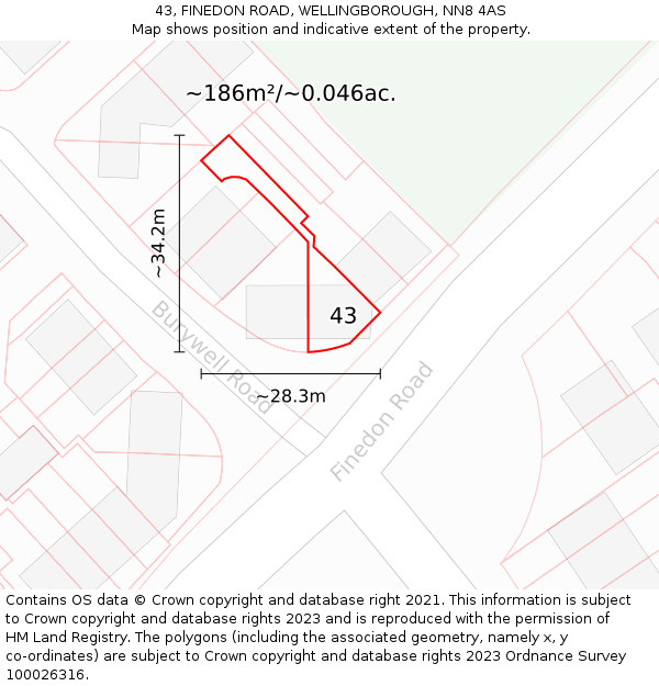 43, FINEDON ROAD, WELLINGBOROUGH, NN8 4AS: Plot and title map