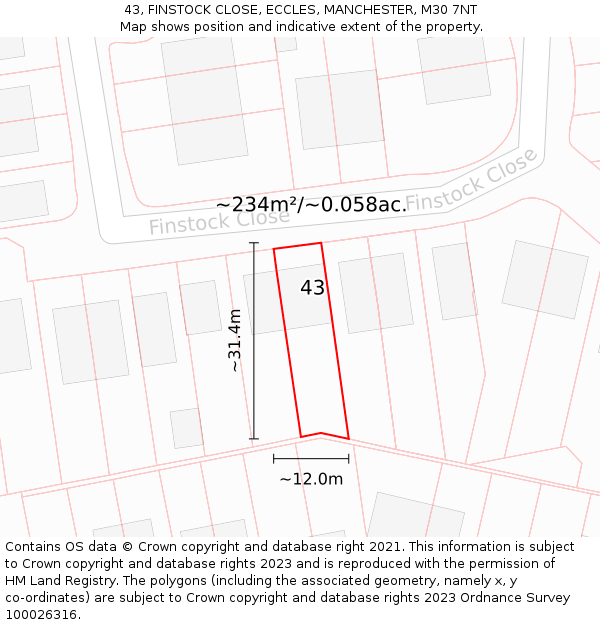 43, FINSTOCK CLOSE, ECCLES, MANCHESTER, M30 7NT: Plot and title map