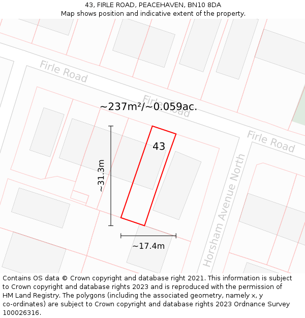 43, FIRLE ROAD, PEACEHAVEN, BN10 8DA: Plot and title map