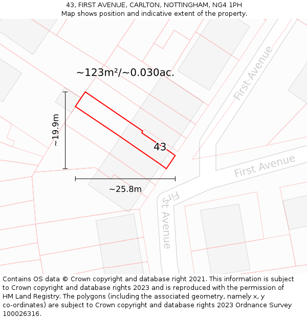 43, FIRST AVENUE, CARLTON, NOTTINGHAM, NG4 1PH: Plot and title map