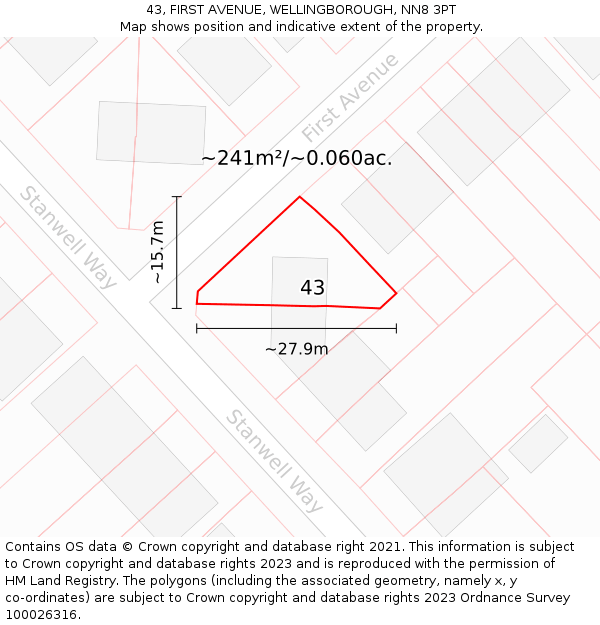 43, FIRST AVENUE, WELLINGBOROUGH, NN8 3PT: Plot and title map