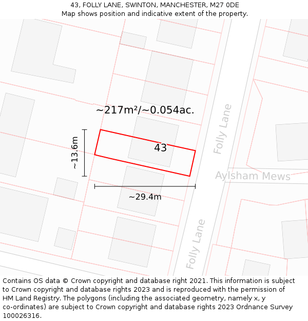 43, FOLLY LANE, SWINTON, MANCHESTER, M27 0DE: Plot and title map