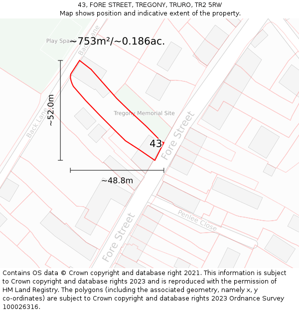 43, FORE STREET, TREGONY, TRURO, TR2 5RW: Plot and title map