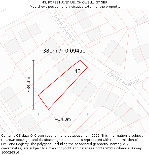 43, FOREST AVENUE, CHIGWELL, IG7 5BP: Plot and title map