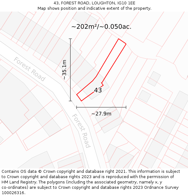 43, FOREST ROAD, LOUGHTON, IG10 1EE: Plot and title map