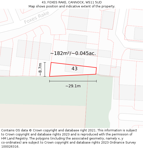 43, FOXES RAKE, CANNOCK, WS11 5UD: Plot and title map