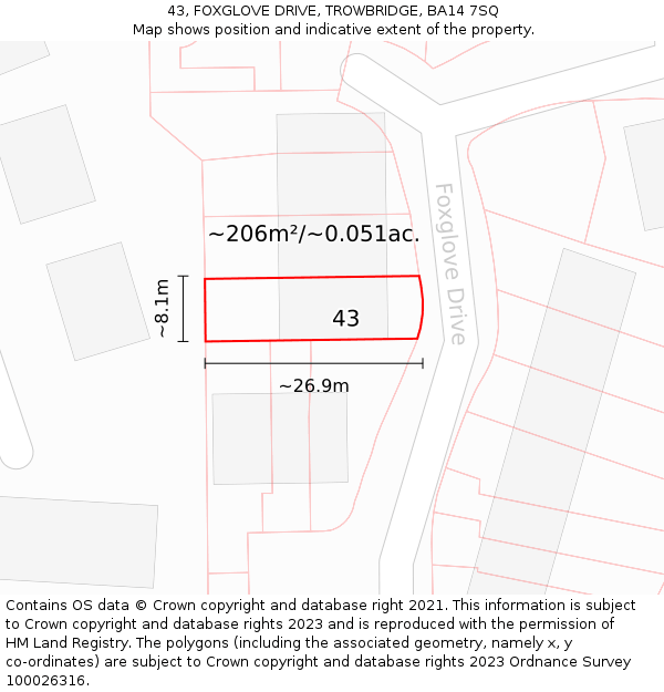 43, FOXGLOVE DRIVE, TROWBRIDGE, BA14 7SQ: Plot and title map