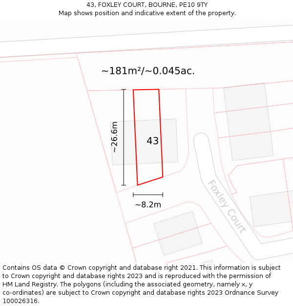 43, FOXLEY COURT, BOURNE, PE10 9TY: Plot and title map