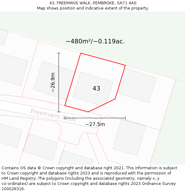 43, FREEMANS WALK, PEMBROKE, SA71 4AS: Plot and title map