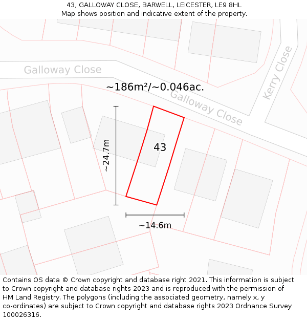 43, GALLOWAY CLOSE, BARWELL, LEICESTER, LE9 8HL: Plot and title map