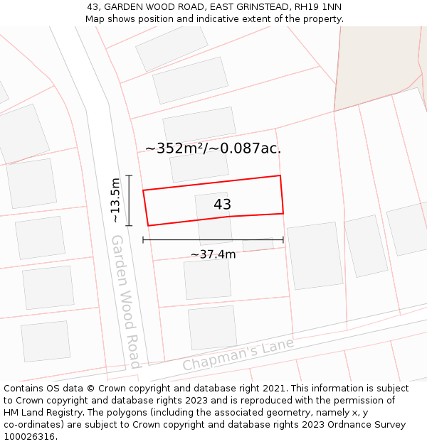 43, GARDEN WOOD ROAD, EAST GRINSTEAD, RH19 1NN: Plot and title map