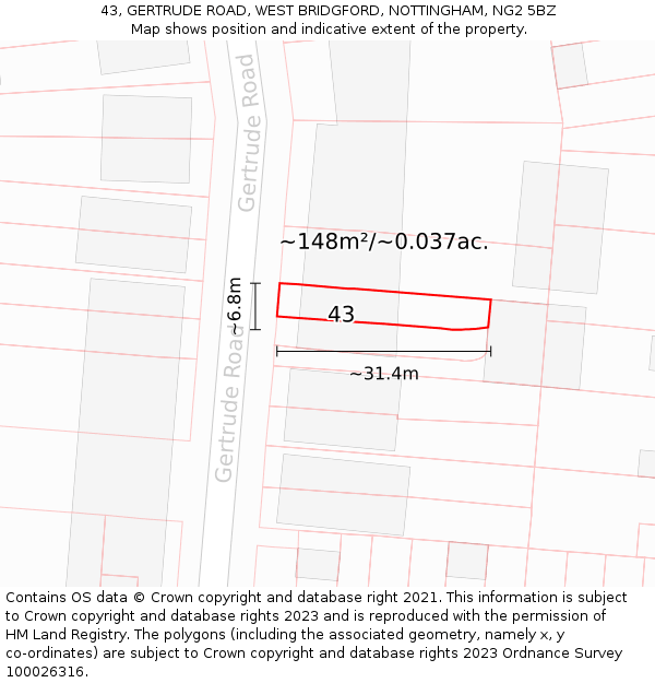 43, GERTRUDE ROAD, WEST BRIDGFORD, NOTTINGHAM, NG2 5BZ: Plot and title map