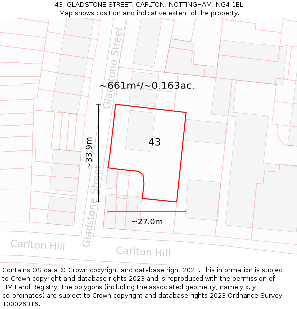 43, GLADSTONE STREET, CARLTON, NOTTINGHAM, NG4 1EL: Plot and title map