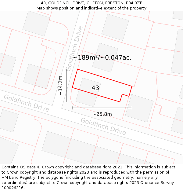 43, GOLDFINCH DRIVE, CLIFTON, PRESTON, PR4 0ZR: Plot and title map